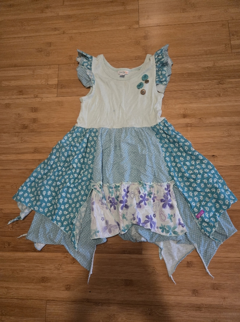 Boutique Elephant Patchwork Dress with Ruffle Sleeves Size 8